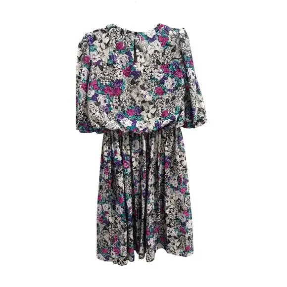 VTG 80s Floral Dress Romantic Cottagecore Lace Collar Waist 3/4 Sleeve Pullover - Picture 2 of 6